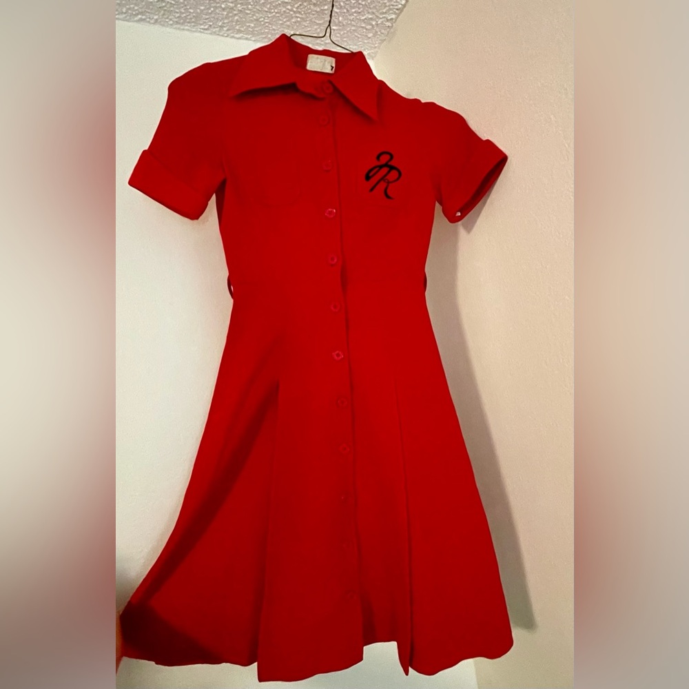 Vintage 50’s 60’s 70’s Red Button Up Shirtwaist Dress Embroidered Logo S Small